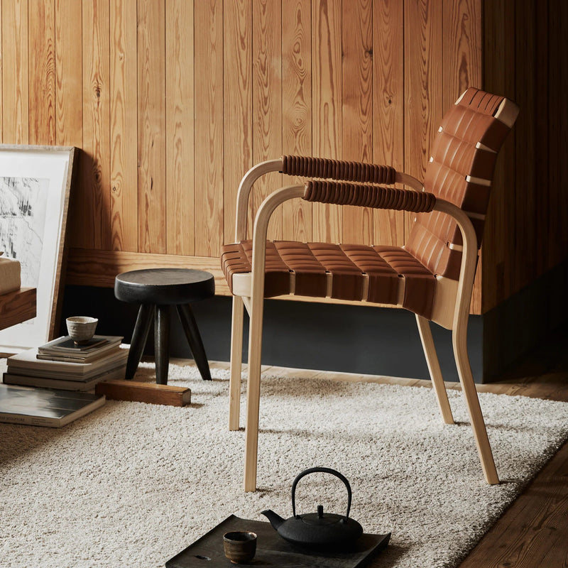 Armchair 45 - Leather - Artek Chairs - Walnut stained/olive quilted leather/flat wrap leather armrest - HORNE