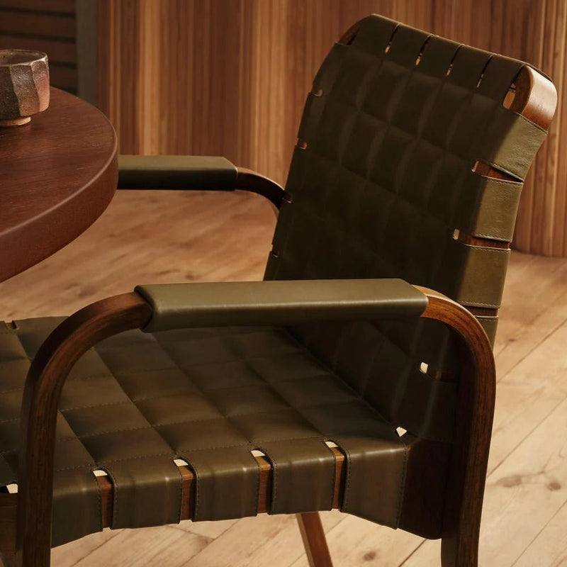 Armchair 45 - Leather - Artek Chairs - Walnut stained/olive quilted leather/flat wrap leather armrest - HORNE