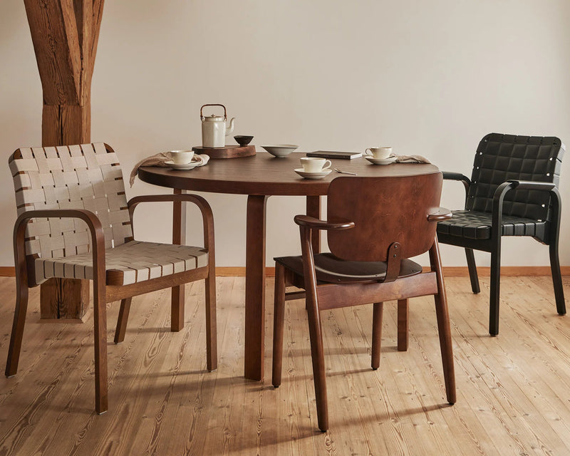 Armchair 45 - Leather - Artek Chairs - Walnut stained/olive quilted leather/flat wrap leather armrest - HORNE