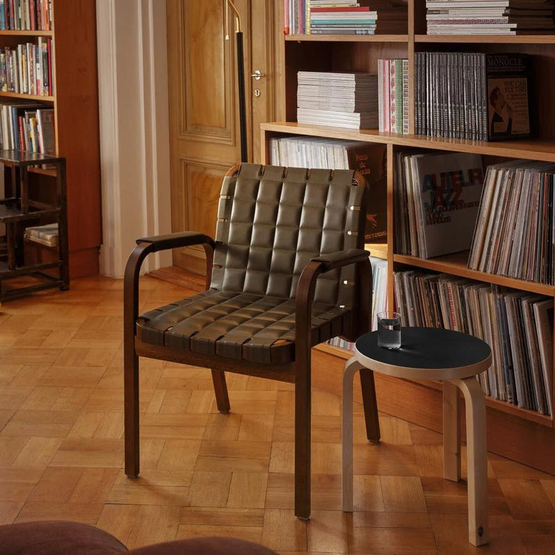 Armchair 45 - Leather - Artek Chairs - Walnut stained/olive quilted leather/flat wrap leather armrest - HORNE