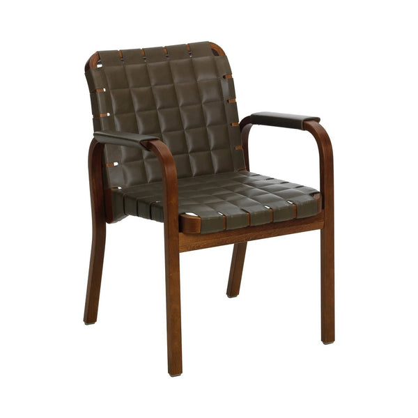Armchair 45 - Leather - Artek Chairs - Walnut stained/olive quilted leather/flat wrap leather armrest - HORNE