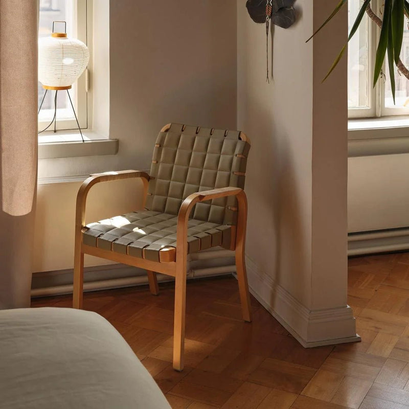 Armchair 45 - Leather - Artek Chairs - Walnut stained/olive quilted leather/flat wrap leather armrest - HORNE