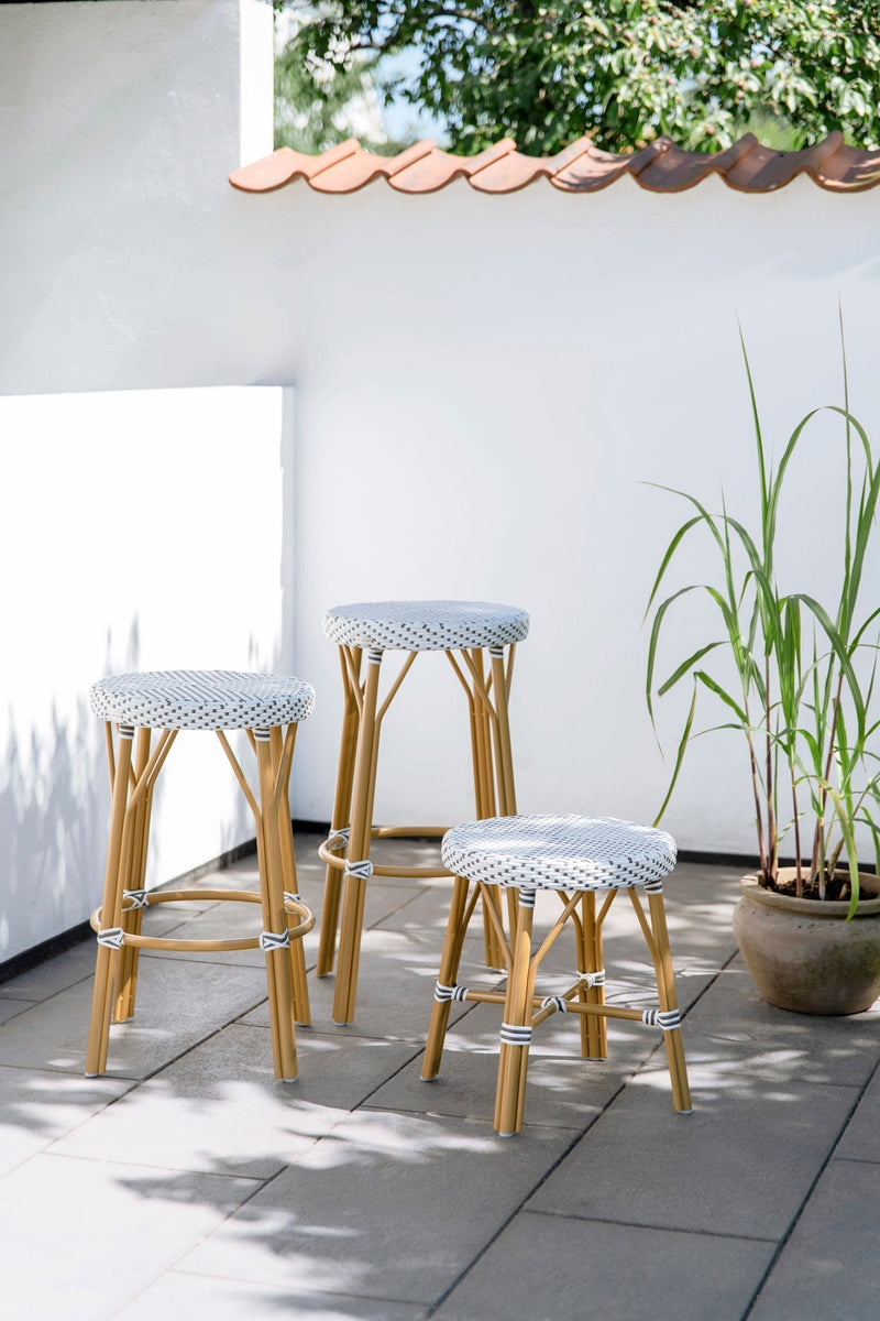 Simone Rattan Outdoor Bar Stool - Sika Design - Stools + Benches + Ottomans - White / Cappuccino Dots - HORNE