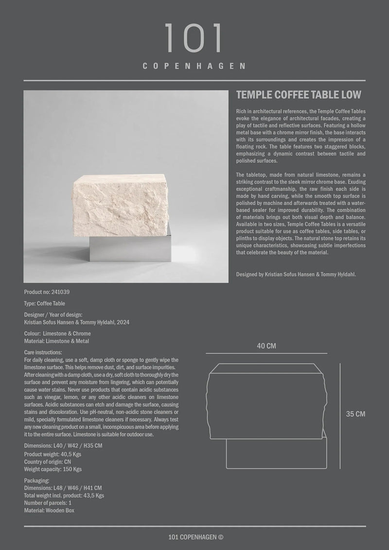 Temple Coffee Table - 101 Copenhagen Coffee Tables - Tall - Chrome / Limestone - HORNE