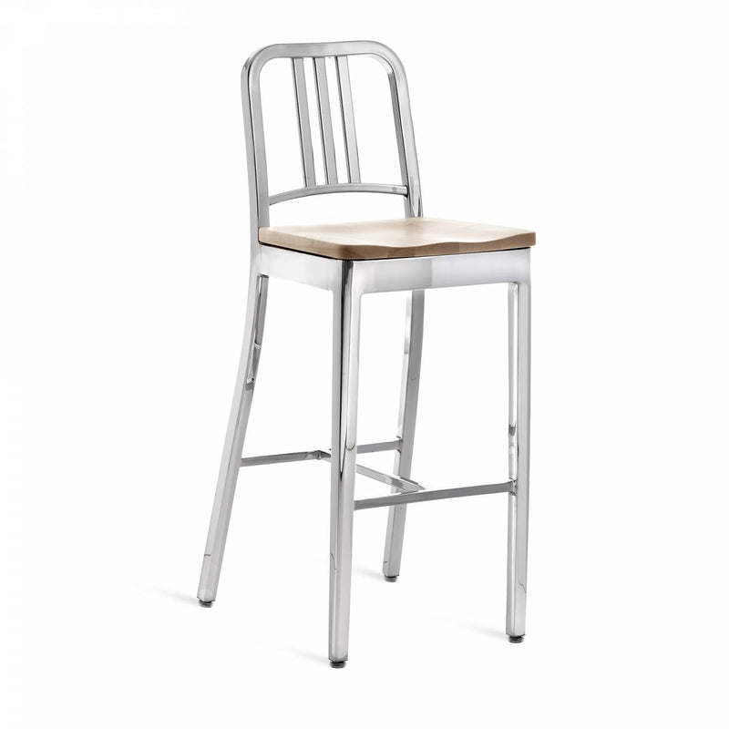 1104 Navy Barstool With Wood Seat - Emeco - Chairs - Brushed - Cherry - HORNE