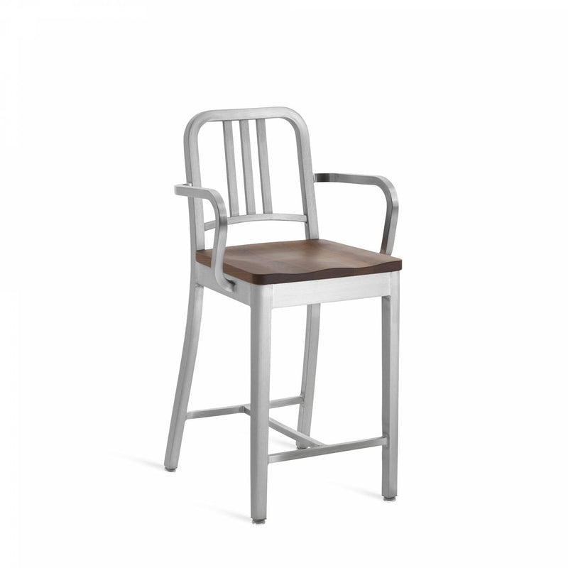 1104 Navy Counter Stool With Arms - Emeco - Stools + Benches + Ottomans - Brushed - Cherry - HORNE