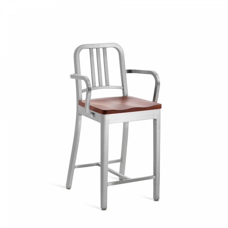 1104 Navy Counter Stool With Arms - Emeco - Stools + Benches + Ottomans - Brushed - Cherry - HORNE