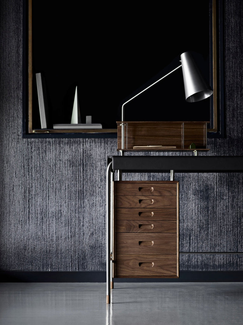 Modern desk lamp with a wooden box frame and glass doors