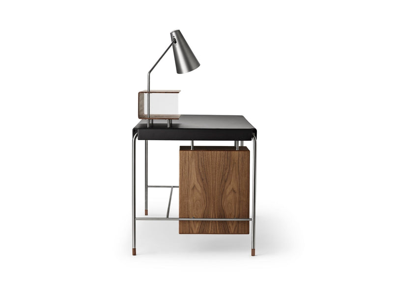 Modern desk lamp with a wooden box frame and glass doors
