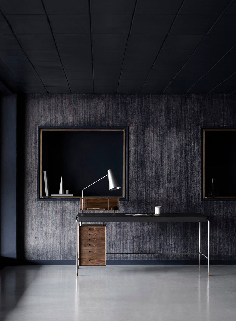 Modern desk lamp with a wooden box frame and glass doors