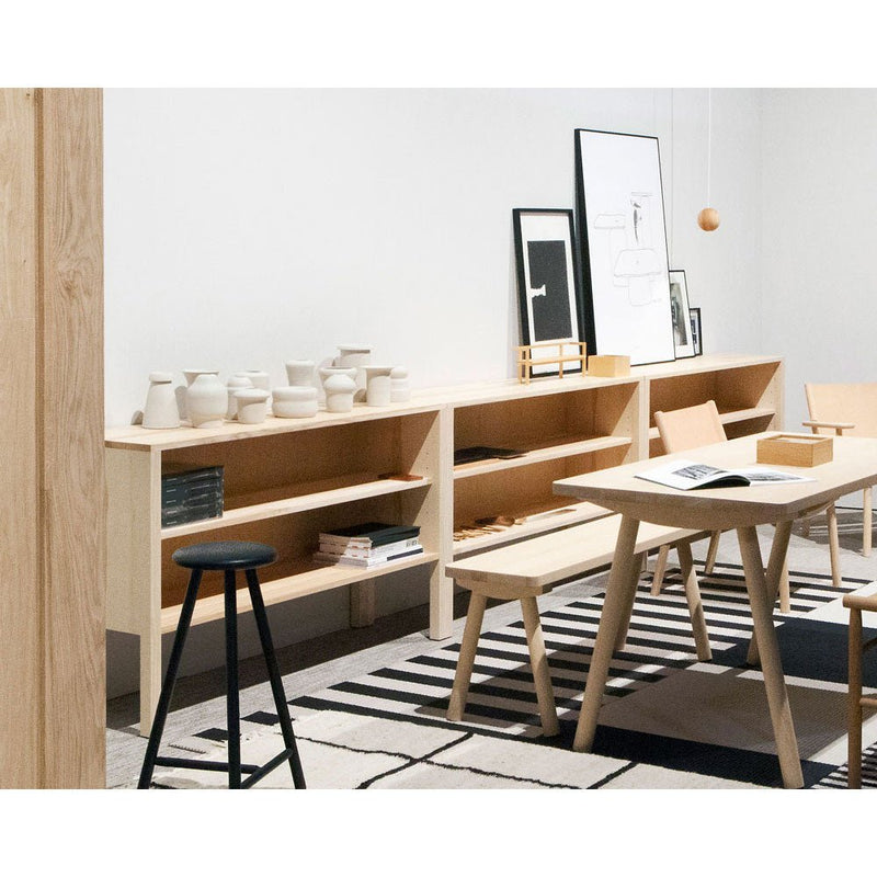 A traditional wood low cabinet, available with or without doors. Perfect for a TV stand or bookshelf.