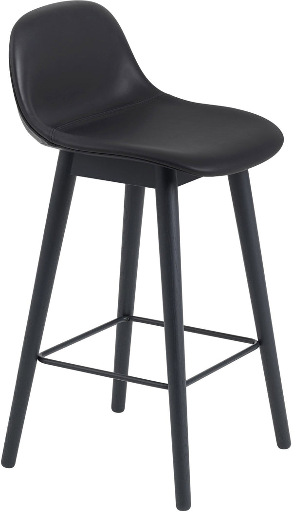 Fiber Bar Stool With Backrest - Wood Base - Muuto - Stools + Benches + Ottomans - Black Leather Seat & Black Base - HORNE