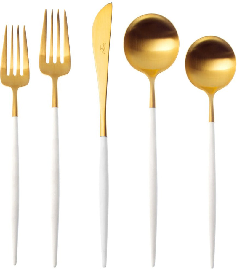 Goa Cutlery - Brushed Gold and White Handle - Sets - Cutipol - Flatware + Serving Pieces - 24 Piece Setting - HORNE