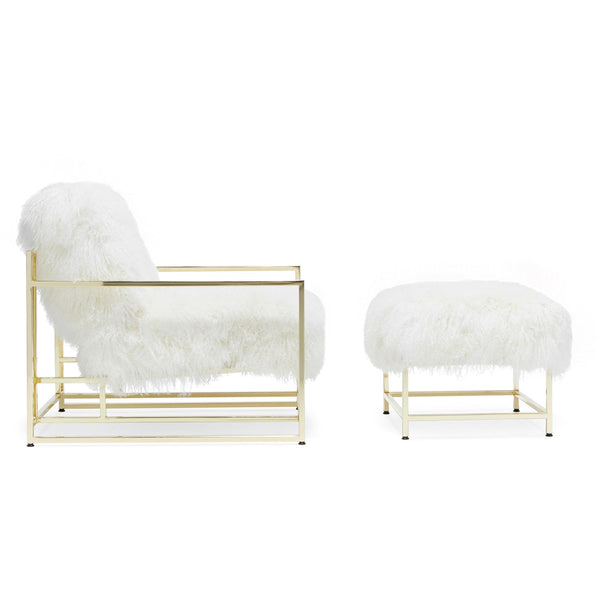 White Sheepskin and Brass Inheritenance Armchair + Ottoman