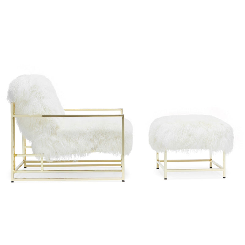 White Sheepskin and Brass Inheritenance Armchair + Ottoman