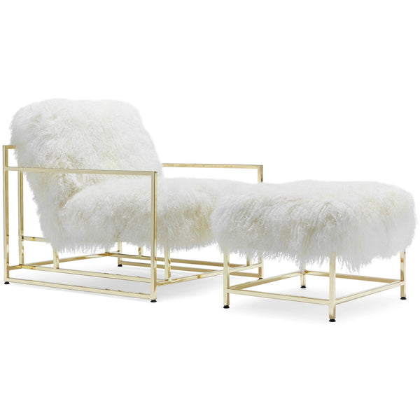 White Sheepskin and Brass Inheritenance Armchair + Ottoman