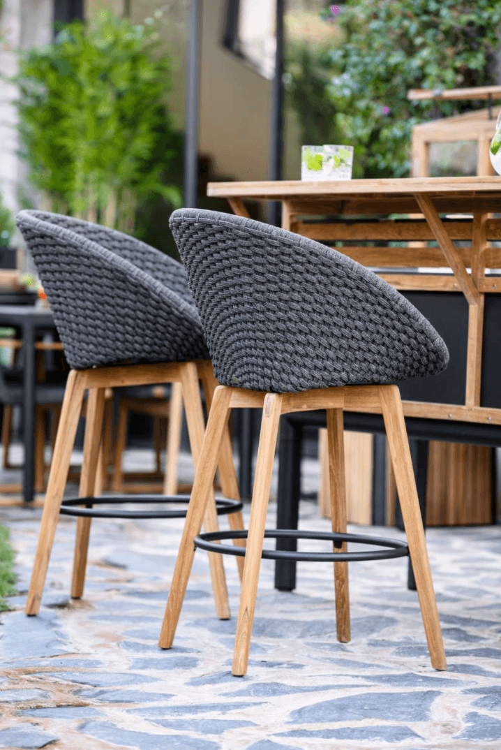 Peacock Bar Chair, Teak Legs - Cane Line - Outdoor Furniture - Add Grey Cushion - HORNE