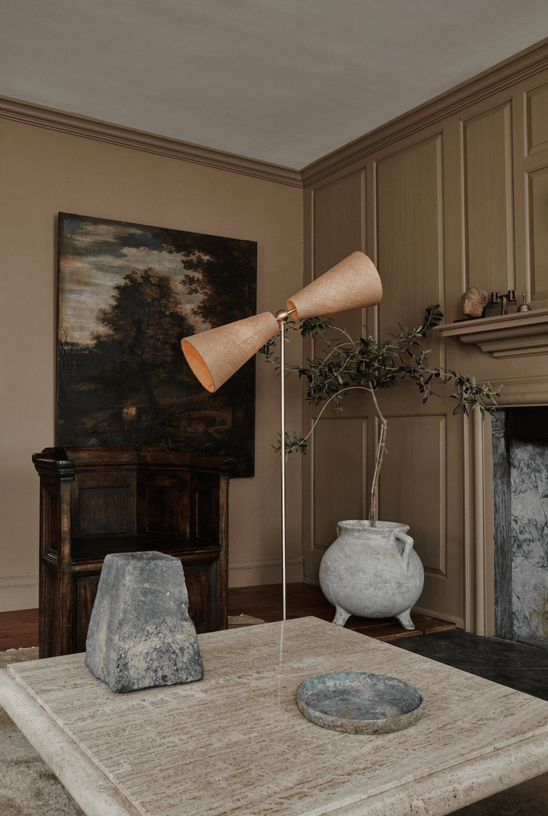 Pendolo Floor Lamp - Medium - Workstead Floor Lamps - Natural Linen - Hewn Brass - Black Cord - HORNE