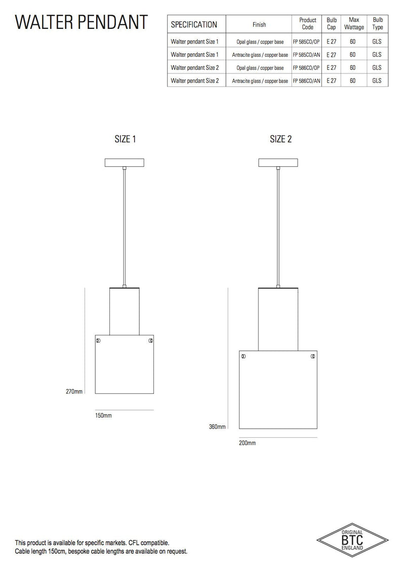 Materials attributes Walter Pendant Size One -Small